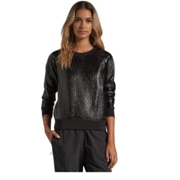 Theory 38 Black Faux leather Shiny Dressy Crew Neck Sweatshirt Top Medium - Picture 1 of 7